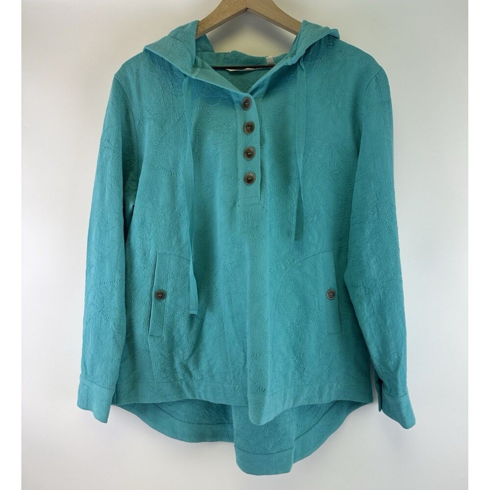 Soft Surroundings Forsythia Jacquard Hoodie Buttons Teal Pullover Womens Large